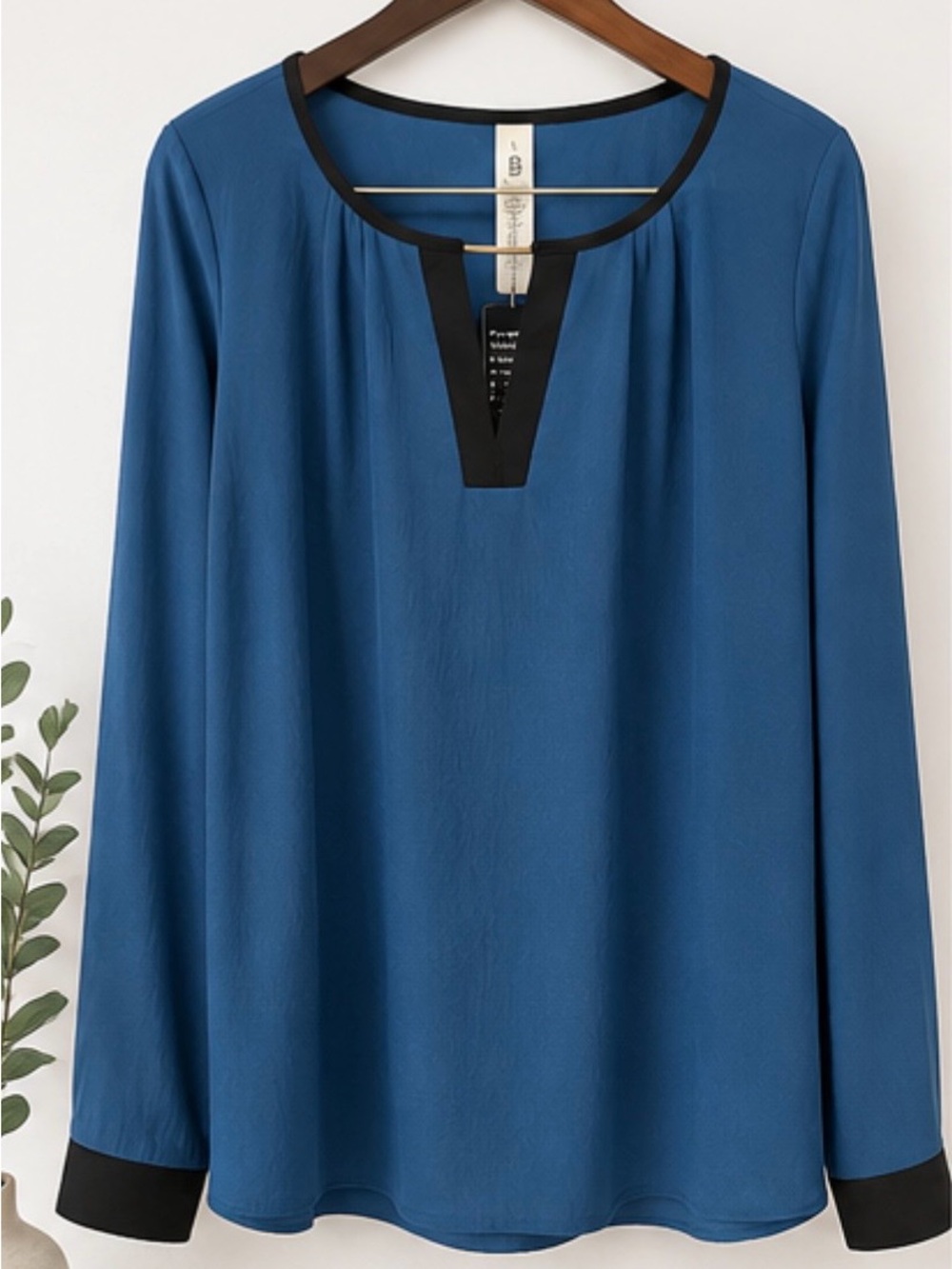 Blue Long-Sleeve Blouse with Black Trim